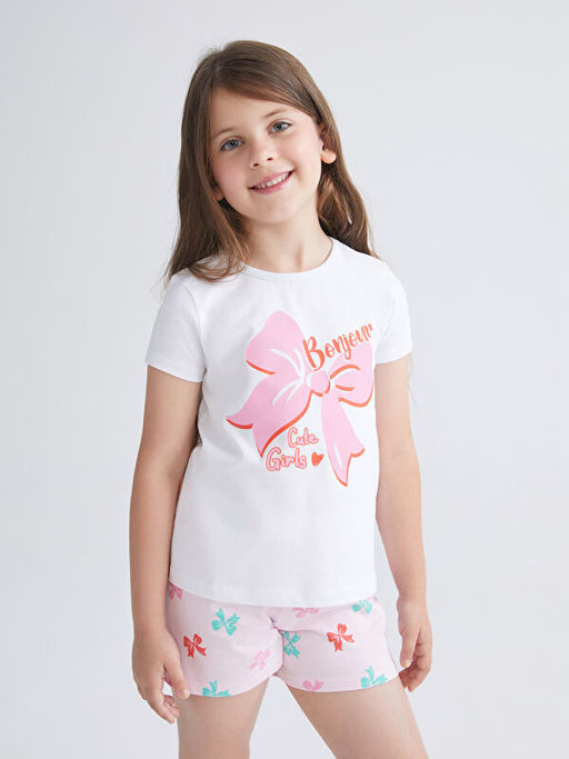 Fiyonk Bask?l? K?z ?ocuk ?ortlu Pijama Tak?m