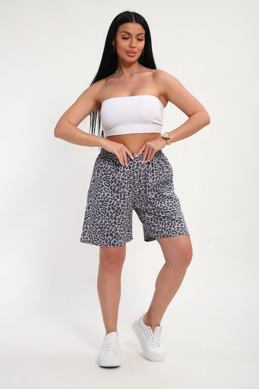 Шорты женские из кулирки Цветник серый леопард макси