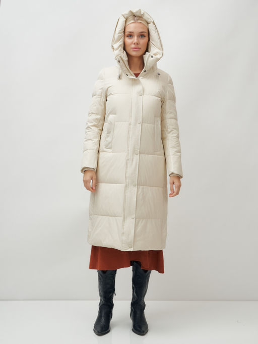 Пальто утепленное стеганное зимнее с капюшоном женское бежевого цвета 9601B - Holdluck фото 7