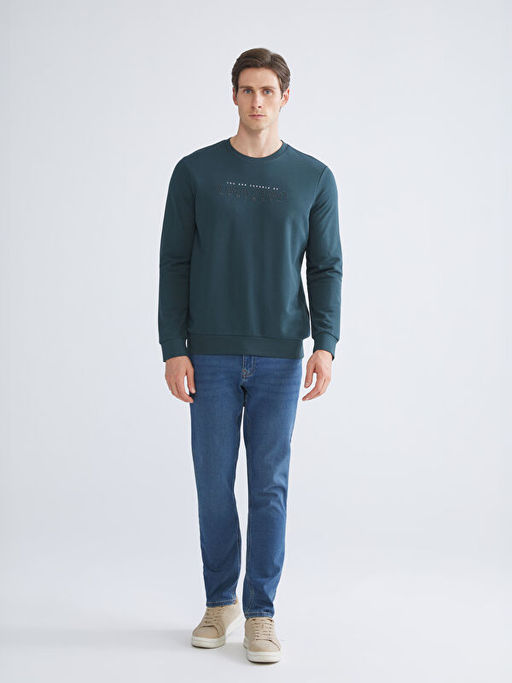 Bisiklet Yaka Bask?l? Erkek Kal?n Sweatshirt