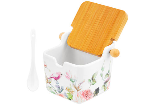 Банка д/сыпучих продуктов 250 мл 12*9,5*9 см Певчие птички+ложка+откидная бамбук.крыш (без золота) - Elan gallery фото 16