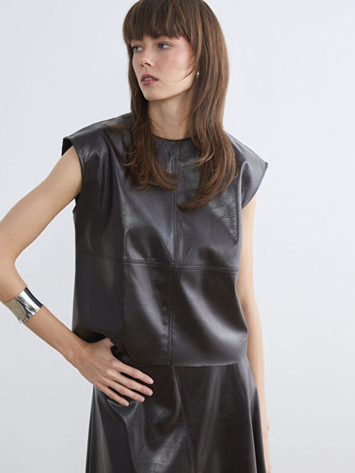 Bisiklet Yaka Deri G?r?n?ml? Bluz