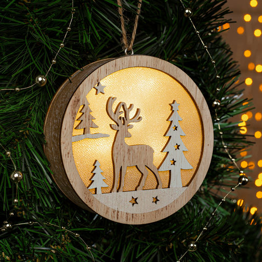 Ёлочная игрушка Олень в лесу, 11х11х3 см, 4 LED, от батареек АААх2, свечение тёплое белое