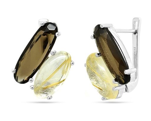 Серьги из серебра раухтопаз, рутиловый кварц золотой, Лунетта