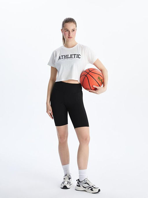 Bisiklet Yaka Bask?l? Crop Kad?n Spor Ti??rt