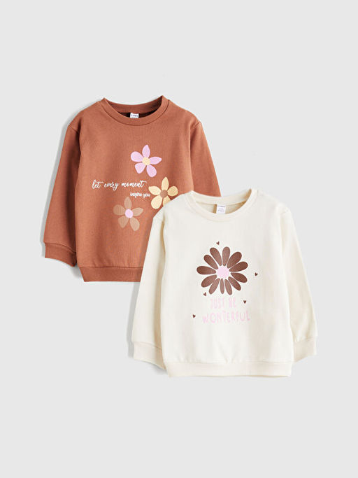 Bisiklet Yaka Bask?l? K?z ?ocuk Sweatshirt 2li