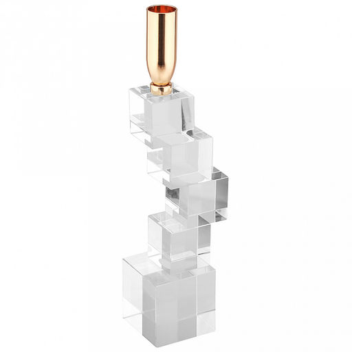 Подсвечник стеклянный "Кубизм" h28,5см, чаша металл д2,4см, h2см, отвинчивающаяся, основание 5,8х5,8см, прозрачный/золотой, в коробке (Китай)