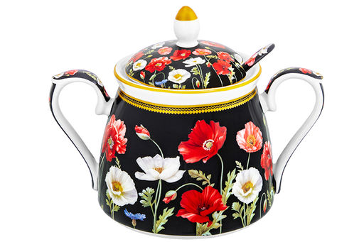 Сахарница 450 мл 15*10*11,5 см "Маки на черном" + ложка NEW BONE CHINA