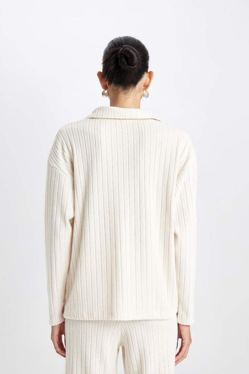 Женская повседневная футболка с воротником-поло в рубчик и длинными рукавами - Defacto фото 6