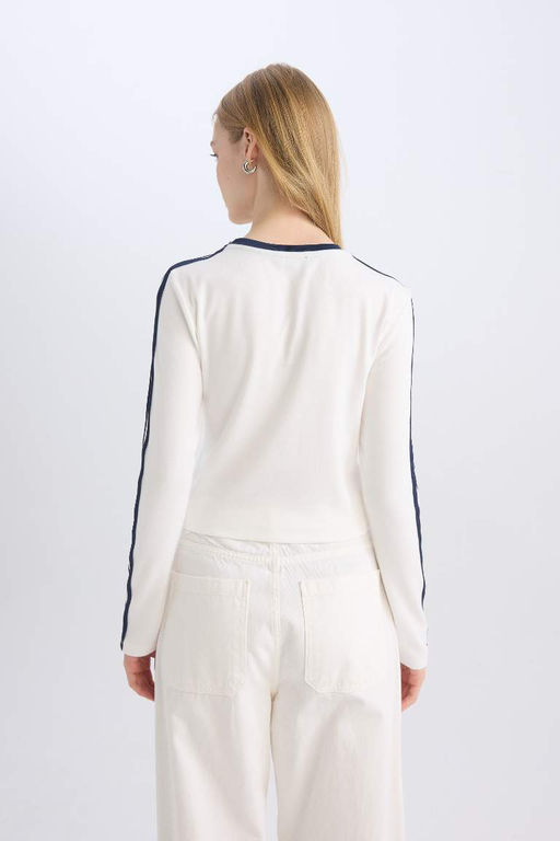 Женская белая классная футболка в рубчик с длинным рукавом с принтом - Defacto фото 6