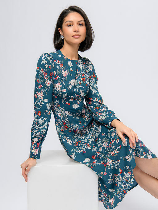 Платье бирюзового цвета длины миди с цветочным принтом - 1001dress фото 4