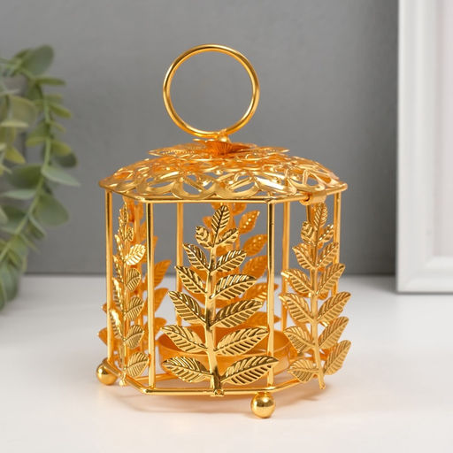 Металлический подсвечник-фонарь на 1 свечу Цветок и веточки, золото, d=5.5 см, 9.8?10.5?14 см