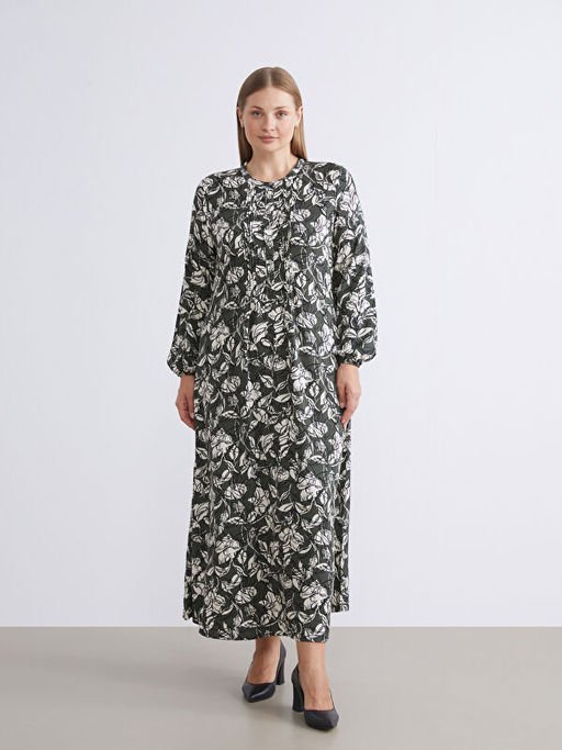 B?y?k Beden Hakim Yaka Desenli A Kesim Elbise