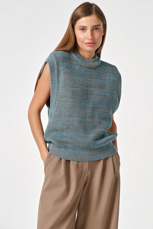 Жилет вязаный оверсайз бирюзово-коричневый меланж