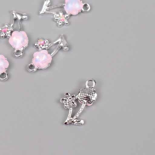 Цена за 5 шт. Декор для творчества металл, стразы Цветочки, серебро, розовый, 2.2?1.3?0.5 см