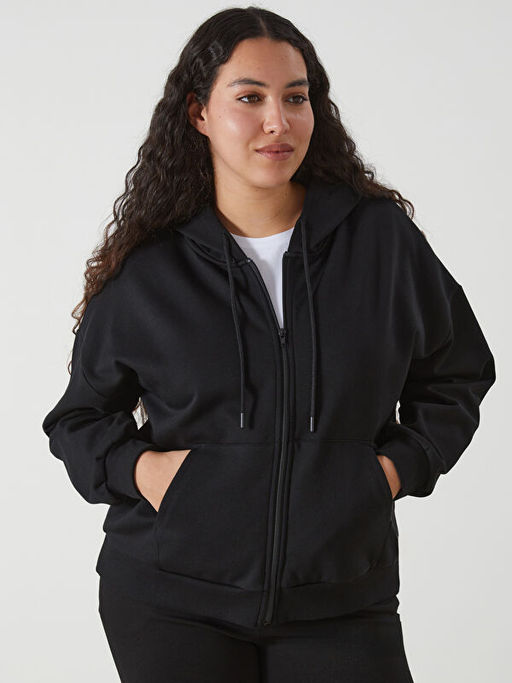 Kap??onlu Oversize Kad?n Kal?n Fermuarl? Sweatshirt