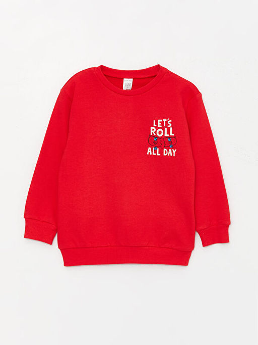 Bisiklet Yaka Bask?l? Erkek Bebek Sweatshirt
