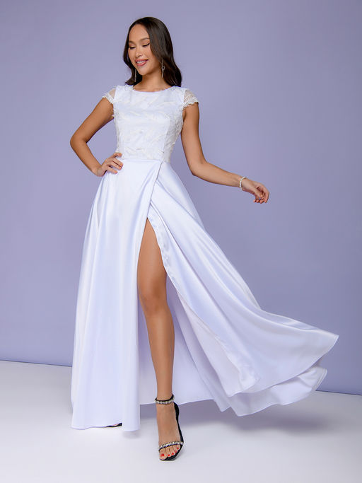 Платье белое длины макси с вышивкой и разрезом на юбке - 1001dress фото 6