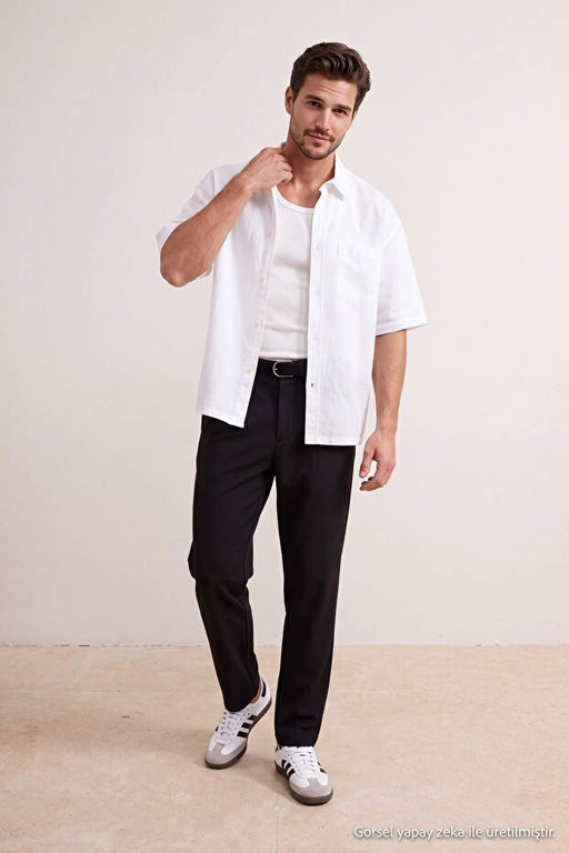 Siyah Straight Fit Boru Pa_a Gofre Mevsimlik Erkek Dokuma Kuma_ Pantolon TMNSS26PL00005