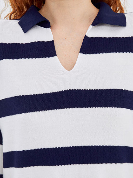 Polo Yaka ?izgili Oversize Kad?n Triko Kazak