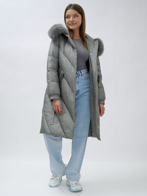 Пальто женское зимние с мехом песец люкс класса серого цвета 1316Sr