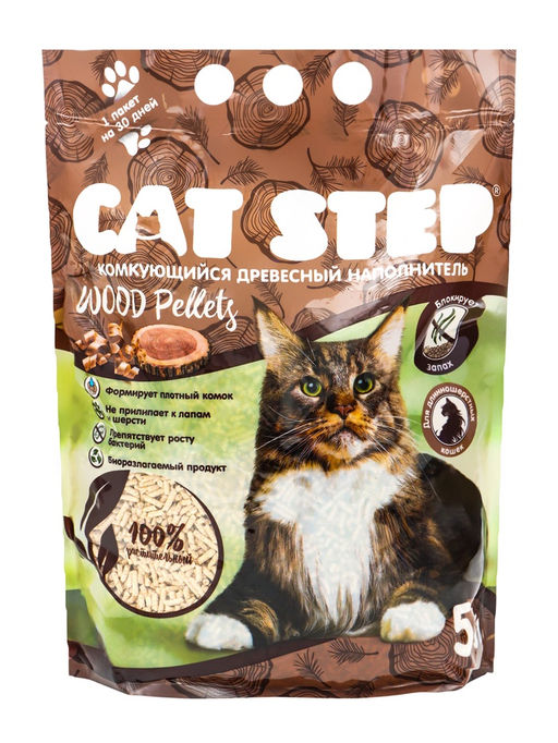 Наполнитель комкующийся растительный CAT STEP Wood Pellets 5 л