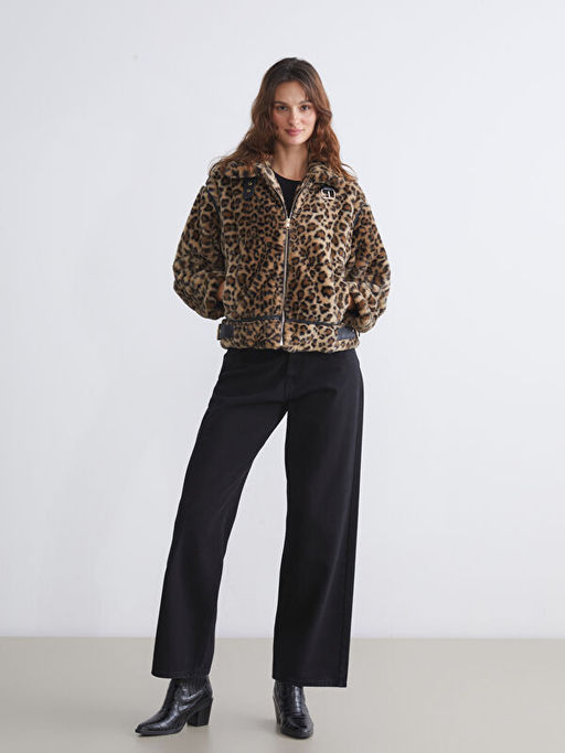 Dik Yaka Leopar Desenli Kad?n Mont