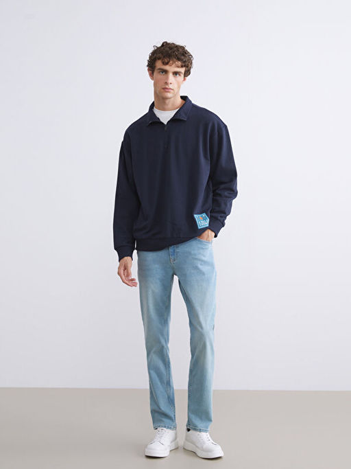 Dik Yaka Bask?l? Erkek Kal?n Sweatshirt