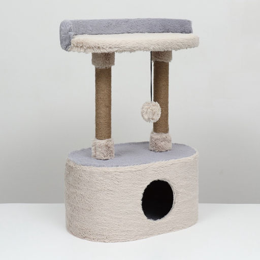Домик для кошек с когтеточкой, с овальной полкой, 54 х 34 х 80 см, пушистый мех, джут, серый - Пижон фото 10