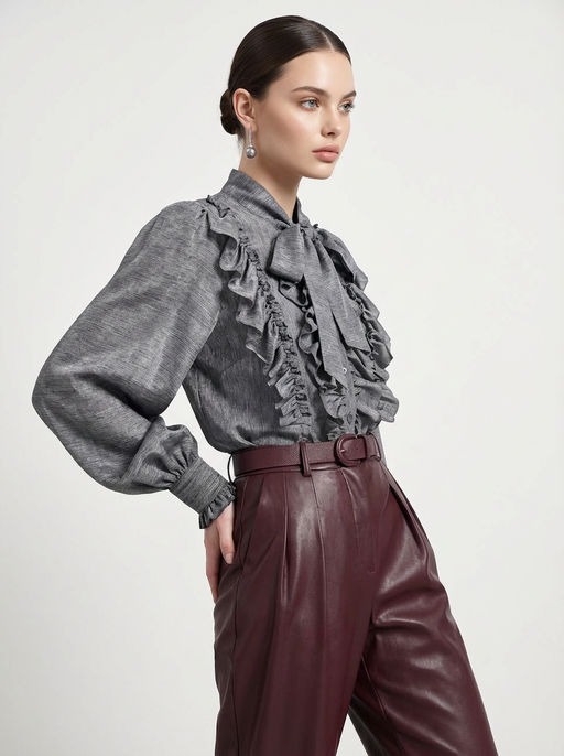 Блузка с рюшами и воротником-завязка OD-988-1 графит