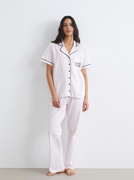 G?mlek Yaka ?izgili Kad?n Pijama Tak?m