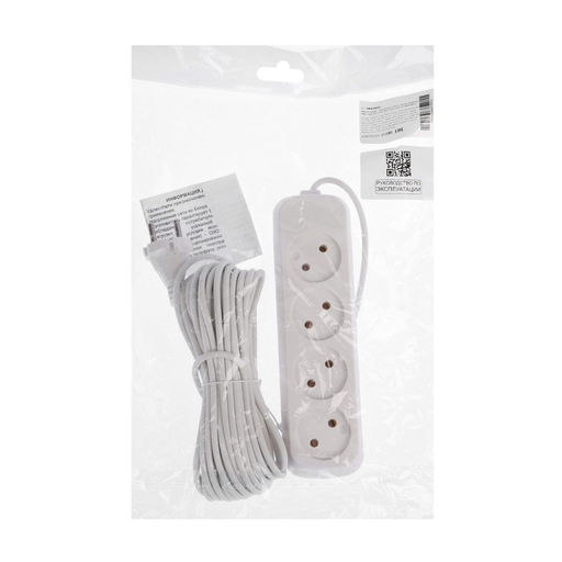 Удлинитель Luazon Lighting ECO, 4 розетки, 10 м, 10 А, 2200 Вт, ПВС 2×0.75 мм2, без заземления, белый
