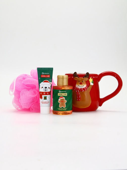 Подарочный набор новогодний Олень, гель для душа, кружка, мочалка и крем для рук, URAL LAB