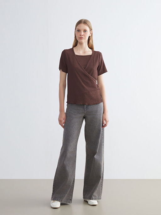 Kruvaze Yaka Dokulu Bluz