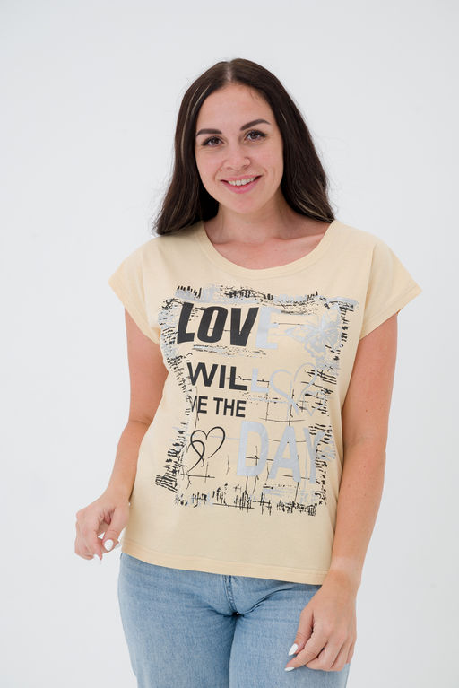 Футболка женская со спущенным плечом из кулирки Лира топленое молоко с принтом Love - Амадэль фото 10