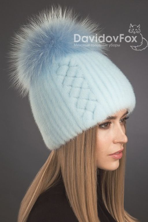 Шапка Лыжница норка орнамент голубая