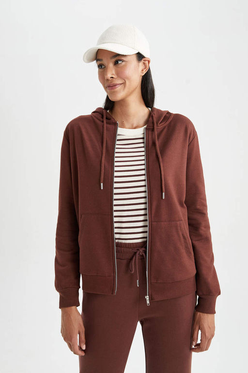 Базовая толстовка на молнии с капюшоном обычного кроя - Defacto фото 3