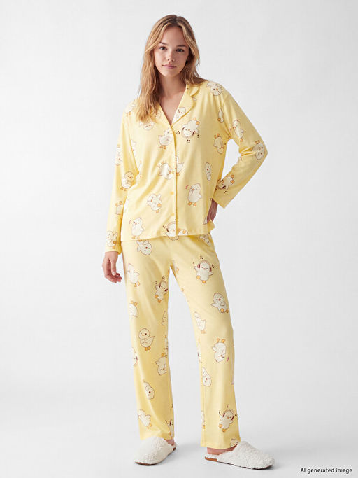 G?mlek Yaka Desenli Kad?n Pijama Tak?m