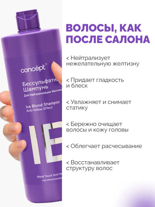 Бессульфатный шампунь для нейтрализации желтизны 1000 мл ICE BLONDE CONCEPT