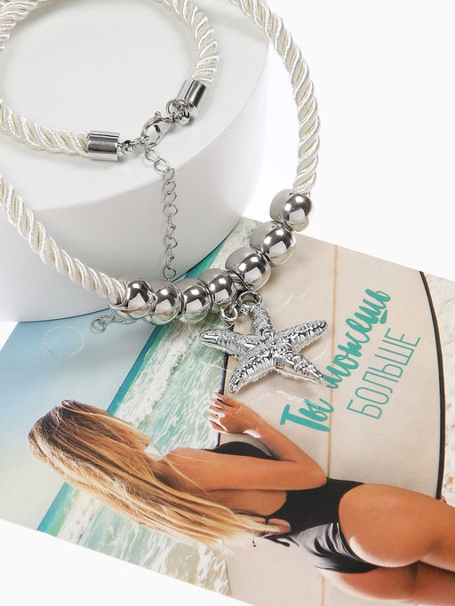 Кулон на жгуте текстильном "Морская звезда", цвет бело-серебристый