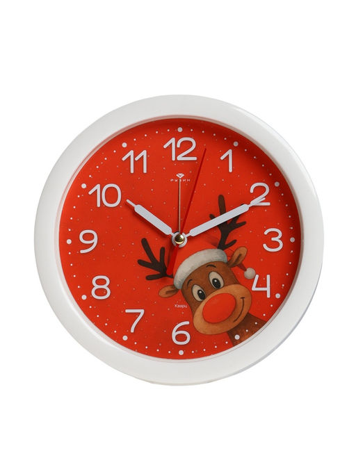 Будильник «Новогодний олень», плавный ход, d=15 см, красный, корпус белый