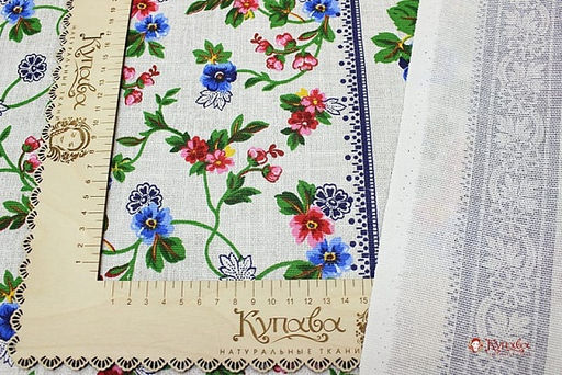 Рогожка Яркий вьюнок - пионы по кайме цв.серый меланж, ш.1.5м, хлопок-100%, 160гр/м.кв - Купава фото 3