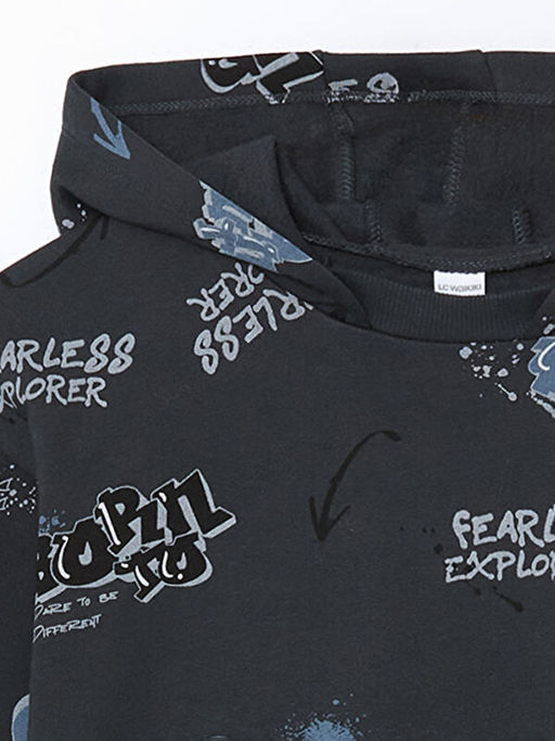 Kap??onlu Bask?l? Erkek ?ocuk Sweatshirt