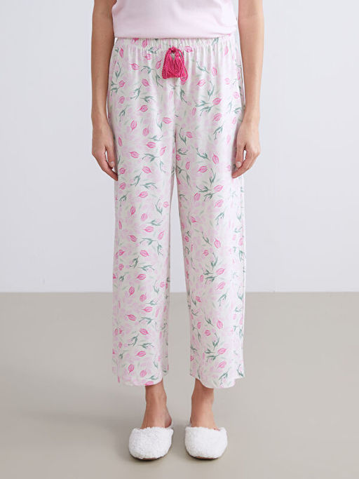 Beli Lastikli ?i?ekli Kad?n Pijama Alt