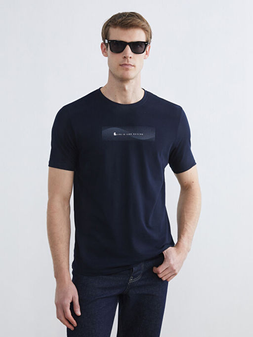 Bisiklet Yaka Bask?l? Penye Erkek Ti??rt