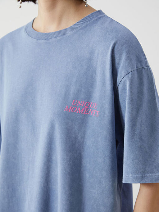 Bisiklet Yaka Bask?l? Oversize Kad?n Ti??rt