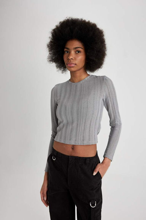 Приталенная футболка с длинным рукавом и круглым вырезом - Defacto фото 7