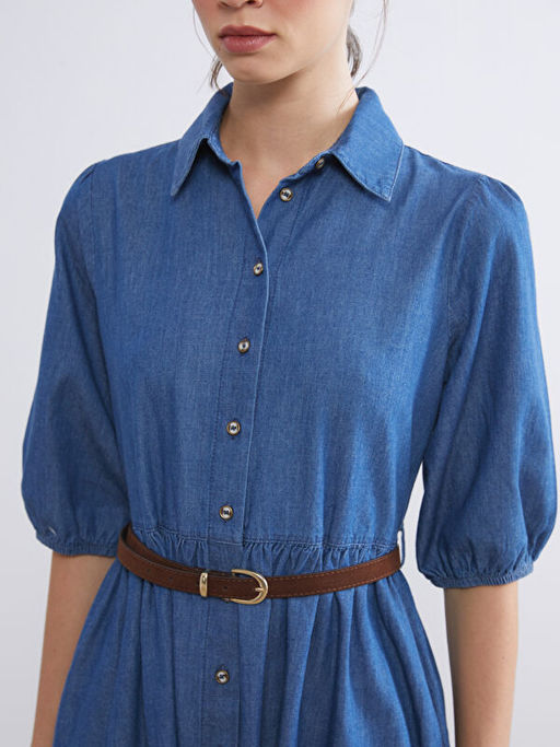 G?mlek Yaka Balon Kollu Kemerli Jean Elbise