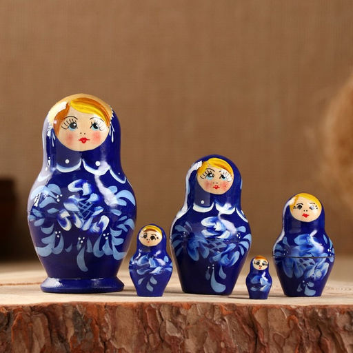 Матрёшка дерево «Гжель», синее платье, 5 кукольная, 10 см
