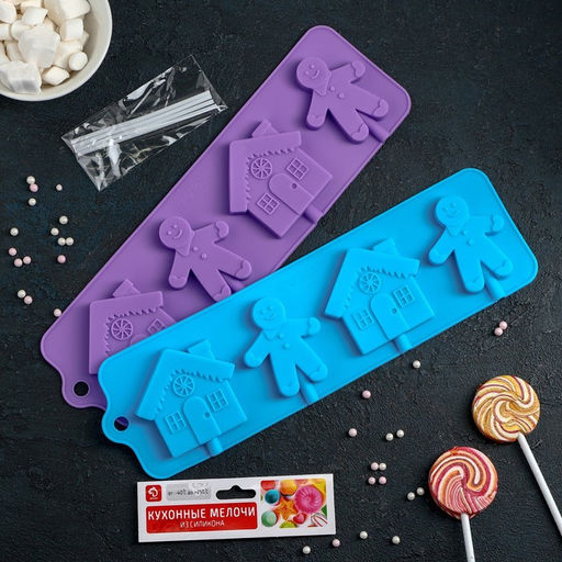 Форма для леденцов новогодняя Доляна Дом для имбирного пряника, силикон, 31?9?1 см, 4 ячейки, с палочками, красная  фото 6